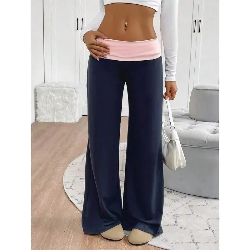 Women's Casual Contrast Foldover Waist Wide Leg Sweatpants Fabric Fit