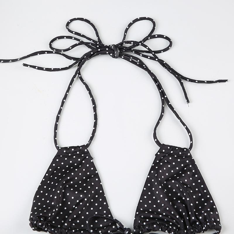 Black White Polka Dot Halter thong Bikini Set | Ruffle Skirted Bottom | Tie Front Swimsuit