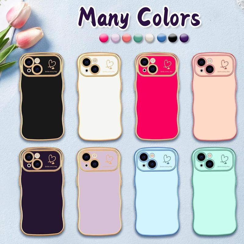 For iPhone 16 Pro Max 15 14 13 12 11 Cute Wave Frame Curly Shape with Love Heart Pattern Raised Camera Protection Cover Luxury Plating Shockproof Phone Case
