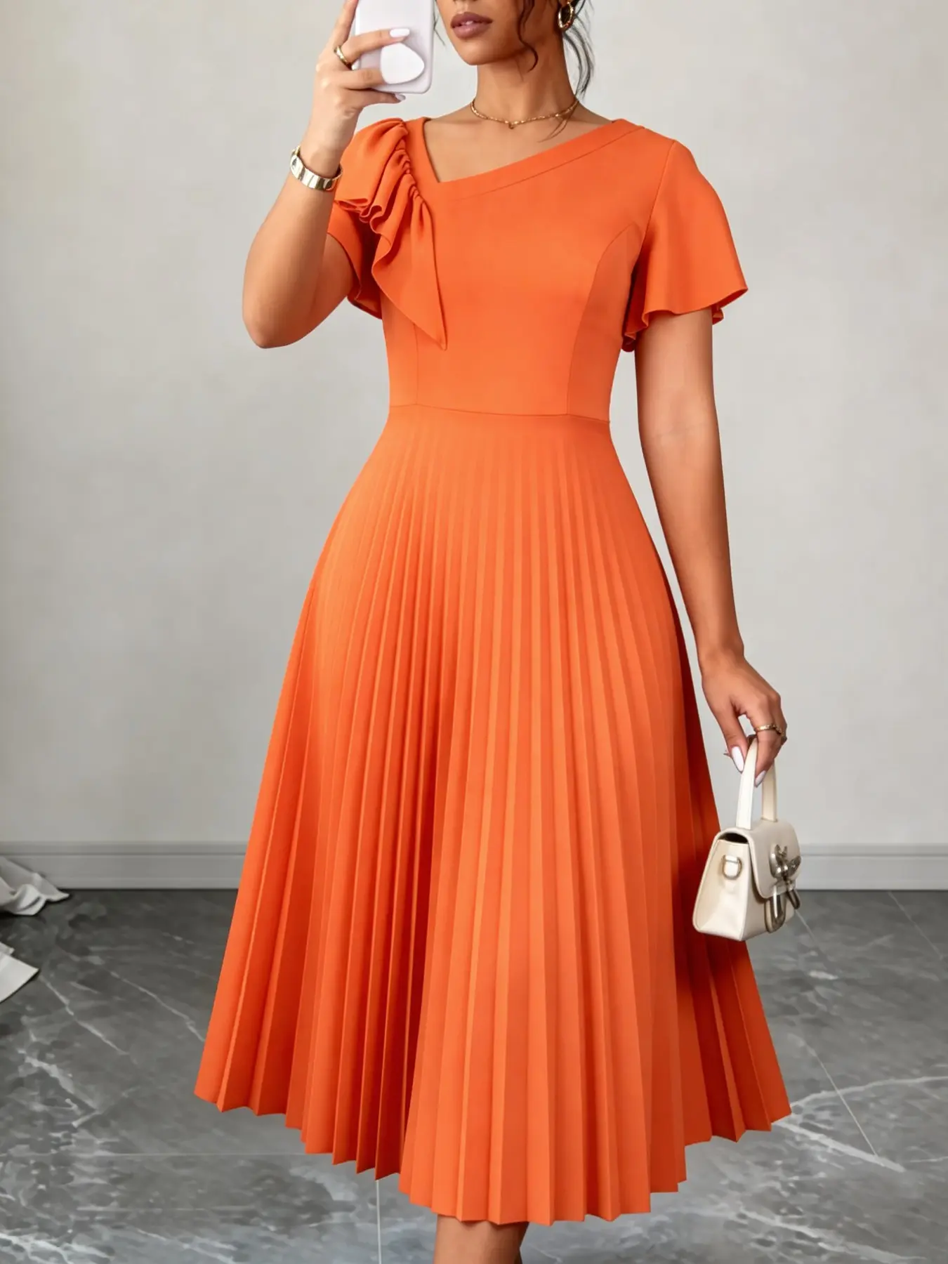 Elegant Formal Lady Pleated Ruffle Slim Fit High Waist Midi Dress, Perfect for Office, Parties, Birthdays, and Various Occasions