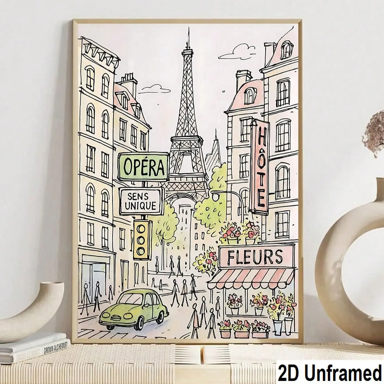 Romantic Paris Street Scene Canvas Poster, Eiffel Tower Sketch Wall Art, Modern French Watercolor Decor for Living Room, Bedroom, Dorm