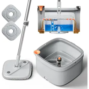Spin Mop and Bucket Set with Self Separation Dirty & Clean Water System, Self Wringing 360° Rotating Square Mop Head, 2 Replacement Pads for Home Floor Cleaning