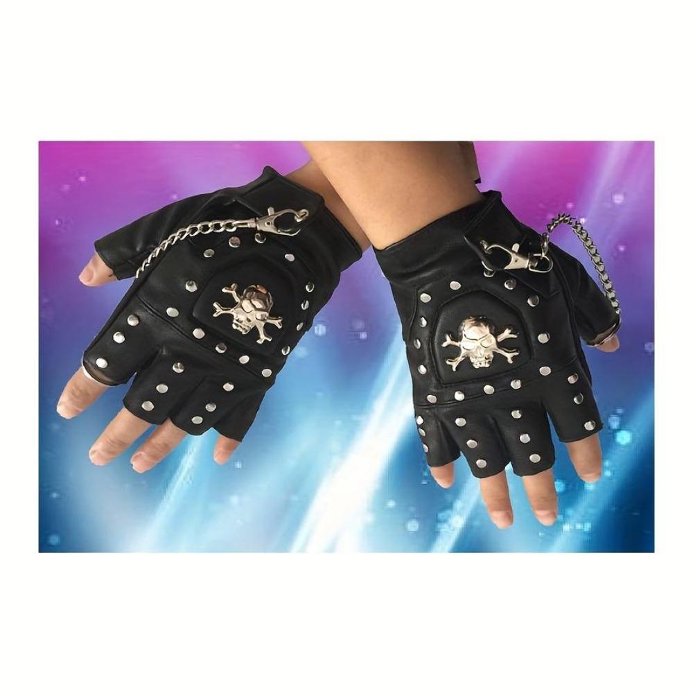Men's Skull Half Finger Leather Gloves, Punk Rivet Chain Design, Anti-Slip Outdoor Sports & Motorcycle Riding Gloves, Novelty Pirate Style Performance Gloves