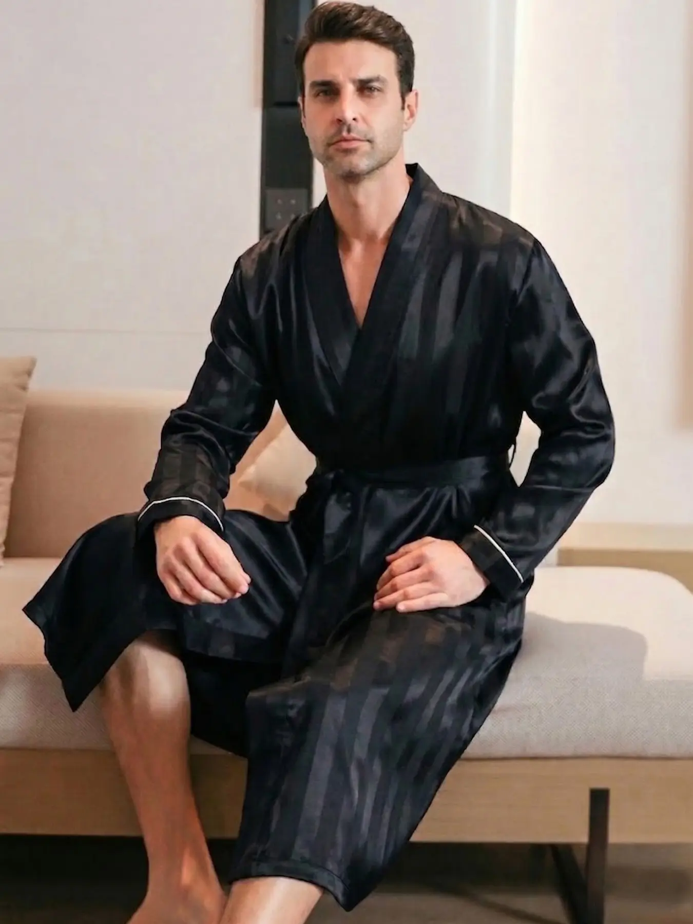 Men's Long Sleeve Striped Sleep Robe Nightwear, Spring Summer Fashion Casual Bathrobe, Home Wear Loungewear, All Seasons Suitable, Comfortable and Stylish