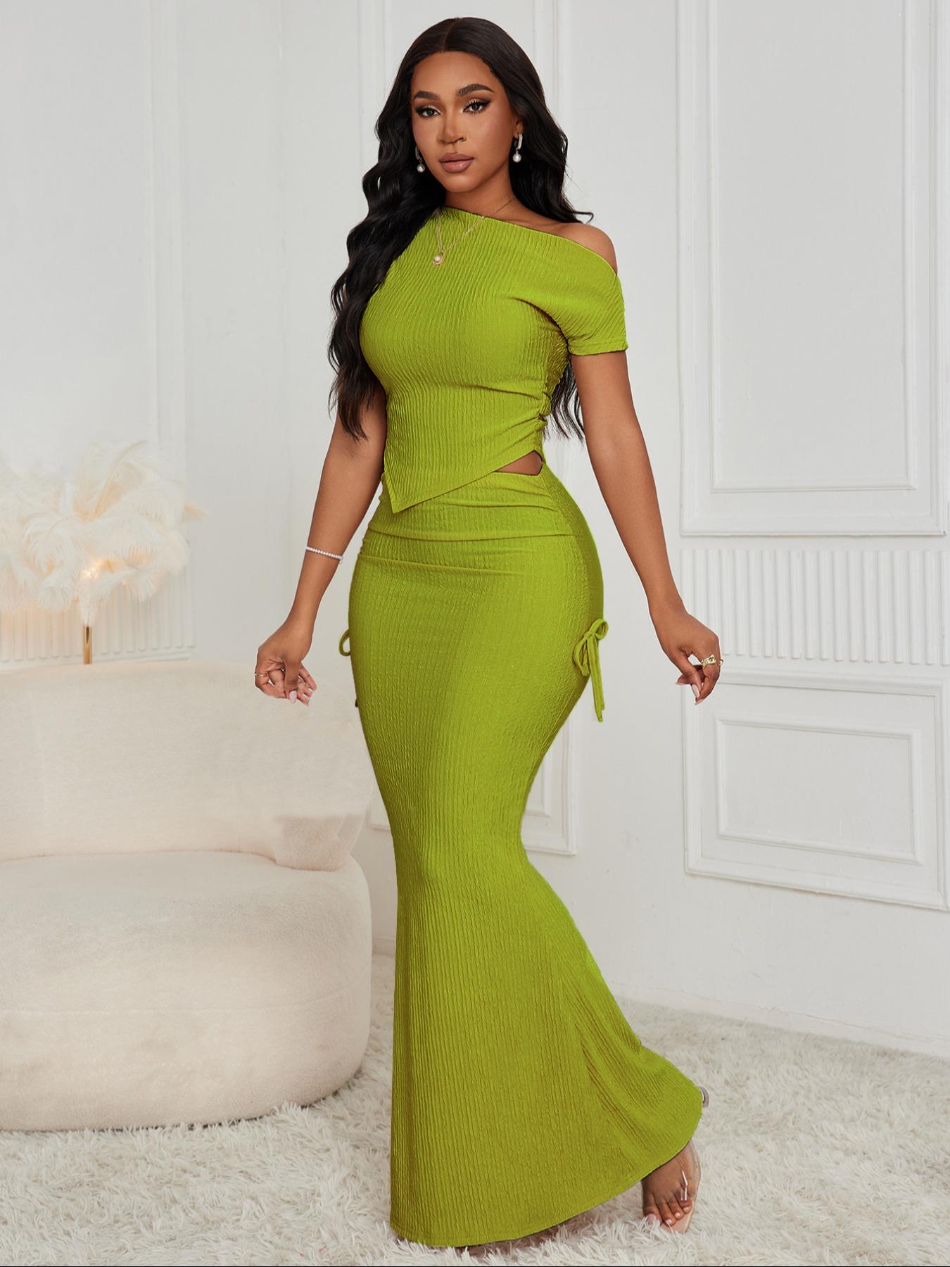 Women's Solid Color Striped Ribbed Crop Top & Mermaid Skirt Two-piece Set, Casual Fashion Cozy Top & Long Skirt for Daily Outdoor Wear, Ladies Clothes for All Seasons, Womenswear