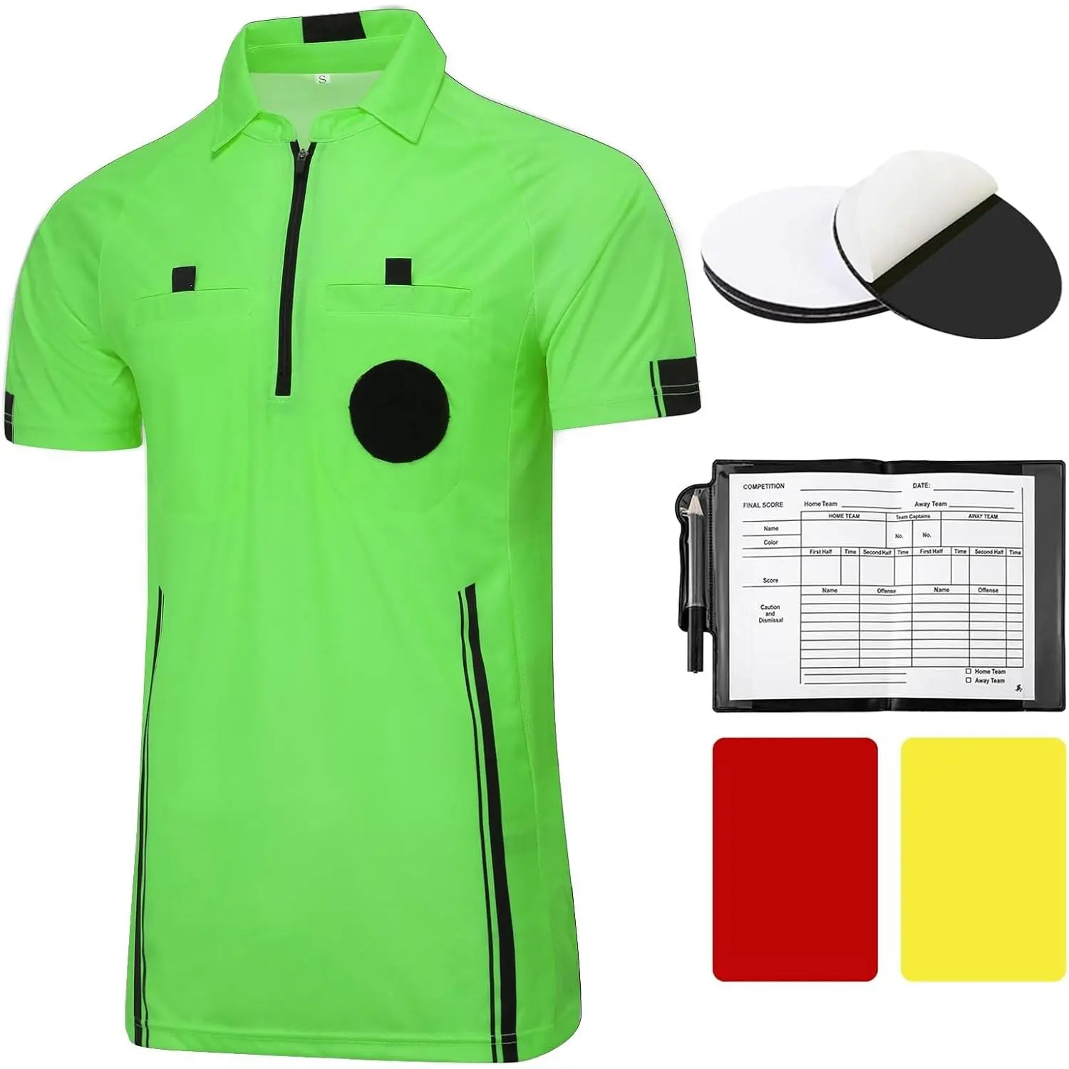 Pro Soccer Referee Shirt Jersey Short Sleeve Ref Costume Uniform with Badge Holder, Referee Wallet, & Yellow Cards