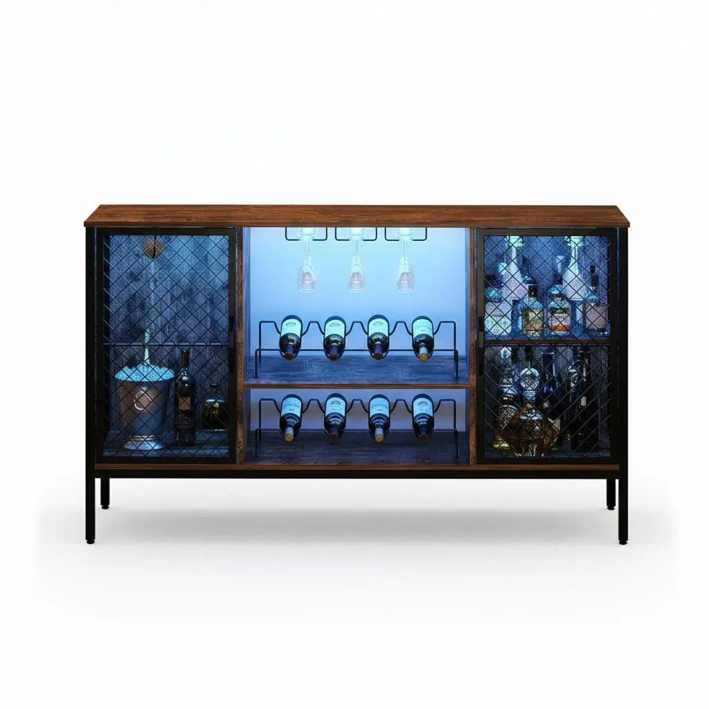 Rustic Brown Wine Bar Cabinet with LED Lights & Power Outlets – Wood Liquor Storage with Doors, Glass Holders, Wine Rack – Mini Coffee Bar for Dining & Living Room