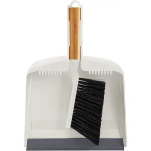 Dustpan and Brush Set with Bamboo Handle, Hand Mini Broom and Dustpan Set, Small Broom and Dustpan Set for Kitchen/Desktops/Bedroom, White, 1 Set