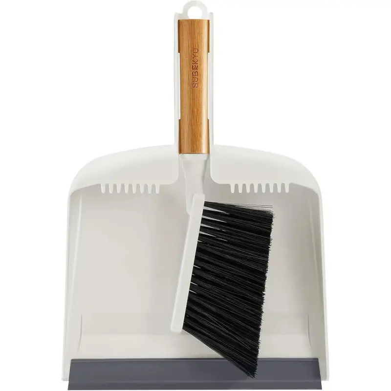Dustpan and Brush Set with Bamboo Handle, Hand Mini Broom and Dustpan Set, Small Broom and Dustpan Set for Kitchen/Desktops/Bedroom, White, 1 Set