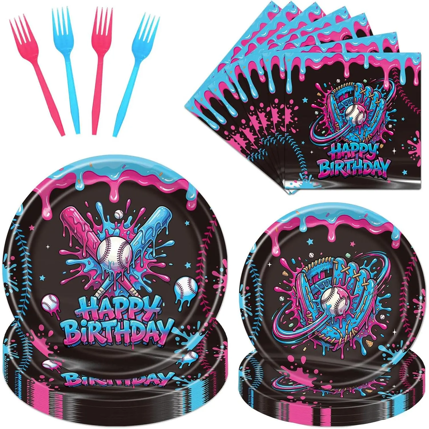 Baseball Drip Birthday Party Decorations - 96 Pcs Ice Cream Drip Baseball Plates Napkins Forks Tableware Set, Black Pink Ice Cream Drip Dinnerware Suppies for Boys Girls Serve 24