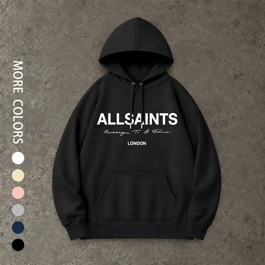 Men's Classic Cotton Letter Print Kangaroo Pocket Hoodie - Casual Long Sleeve Drawstring Ribbed Outdoor Tops for Autumn & Winter, Unisex Loose Fit Soft Menswear Sweatshirt, Fabric