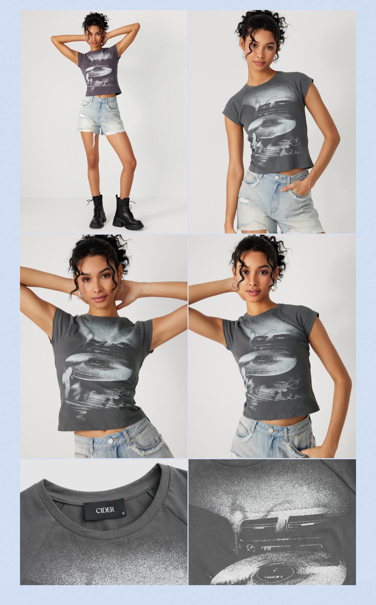 Cider [4 colors, size 0-26] Jersey Round Neckline Graphic Short Sleeve Tee