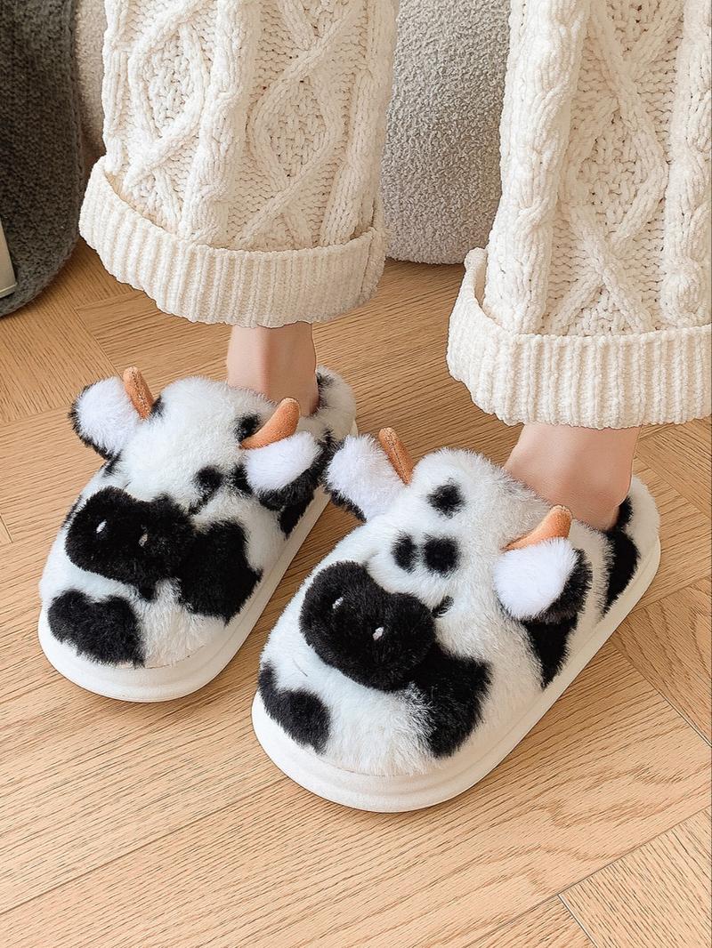 Women's New Fashion Trendy Cartoon Cow Head Indoor Outdoor Cotton Slippers, Fluffy Home Slippers, Winter Casual Warm Home Shoes, Anti-Slip Lightweight Unisex