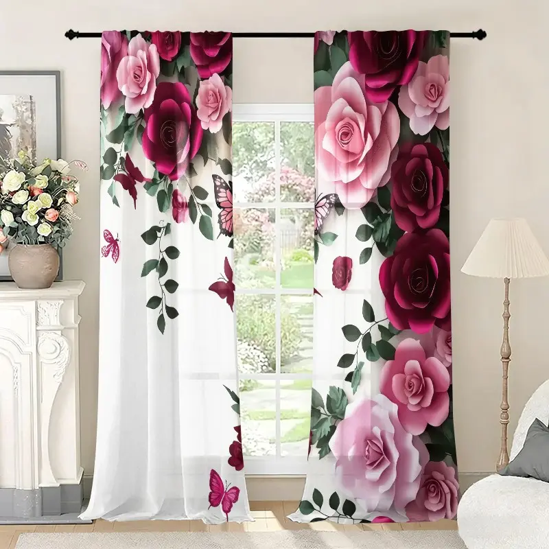 2 pieces of lavender-pink rose flower printed curtains, installed with pocket rods. High-definition digital printed curtains, Window Curtain Panels, suitable for living room, closet, bedroom, study, dining room and home decoration.