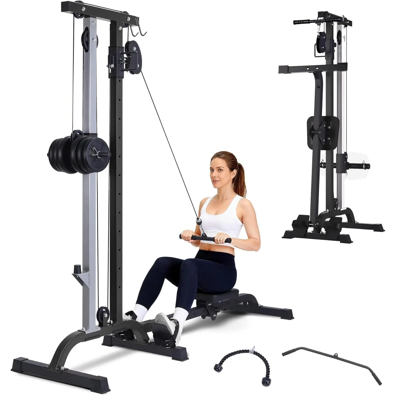 2-in-1 Wall Mounted Rowing & Cable Crossover Machine, 265LBS Weight Capacity, Collapsible LAT Pulldown Machine with High & Low Pulley System, Full Body Strength Training Workout Equipment for Home Gym