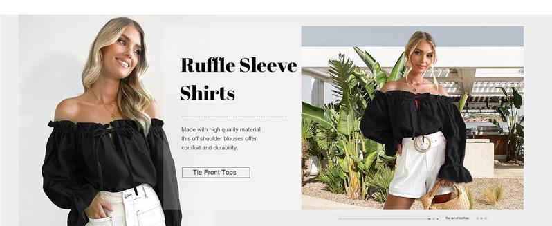 Imily Bela Womens Off The Shoulder Tops Puff Long Sleeve Tie Front Loose Fit Ruffle Shirts Blouses