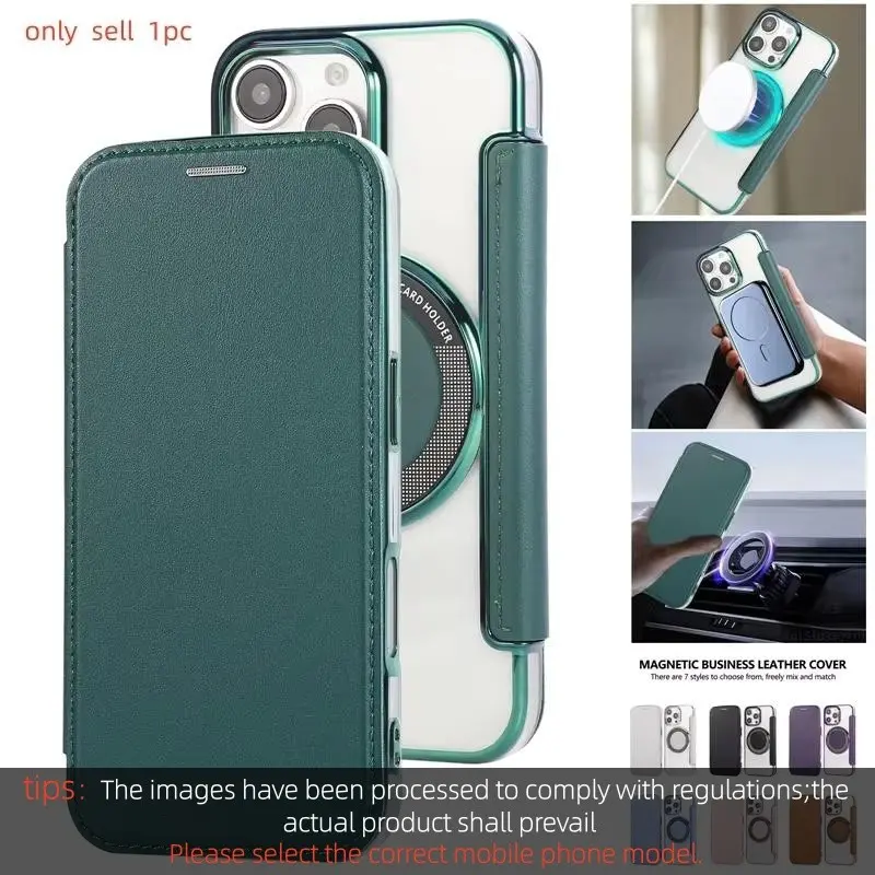 Senior Clear Wireless Charging for Magsafe Flip Leather Phone Case For iPhone 17 16 Pro Max 16E 15 Plus 14 13 12 Wallet Card Back Cover Accessories