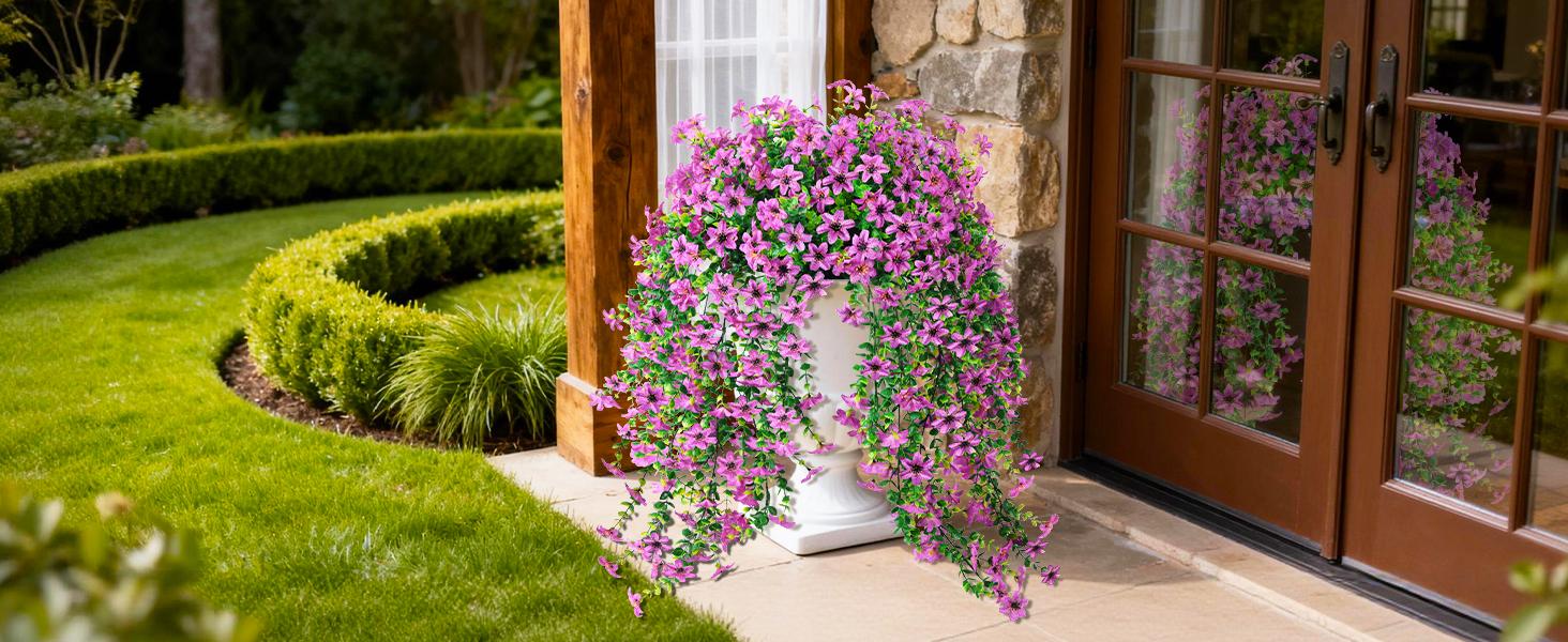 4 Bundles Artificial Boho Flowers for Outdoor,No Fade Fake Plastic Flowers Faux Plants for Decoration Hanging Planters Indoor Outside Garden Porch Window Box Home Wedding Farmhouse