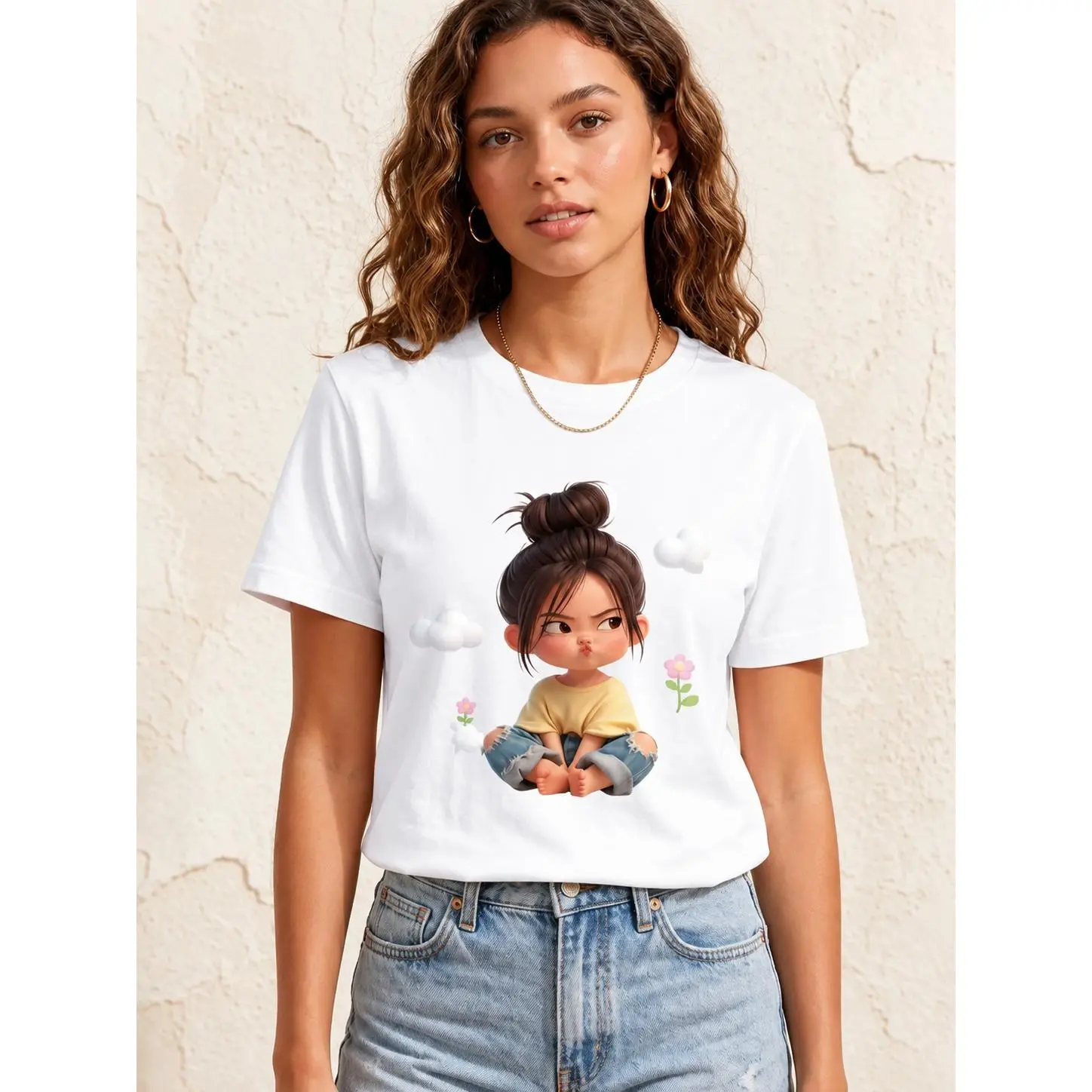 Women's Short-Sleeve Crewneck T-Shirt - Premium Cotton, Sassy Cartoon Girl & Clouds Graphic, Cute Pink Aesthetic, Casual, Spring Glow Up Vibes, summerwins, shortsleeve, Tops, Women's Graphic Tees, Crew Neck, Normal Type