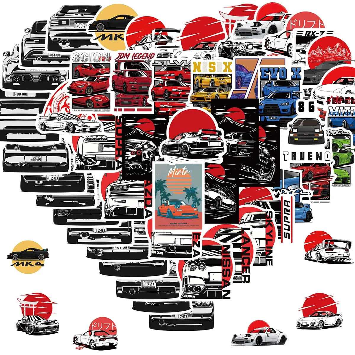 JDM Car Pattern Sticker, 50pcs/set Racing Sport Car Sticker, Vinyl Waterproof Sticker for Water Bottle Laptop Guitar Skateboard Scrapbook, Decor