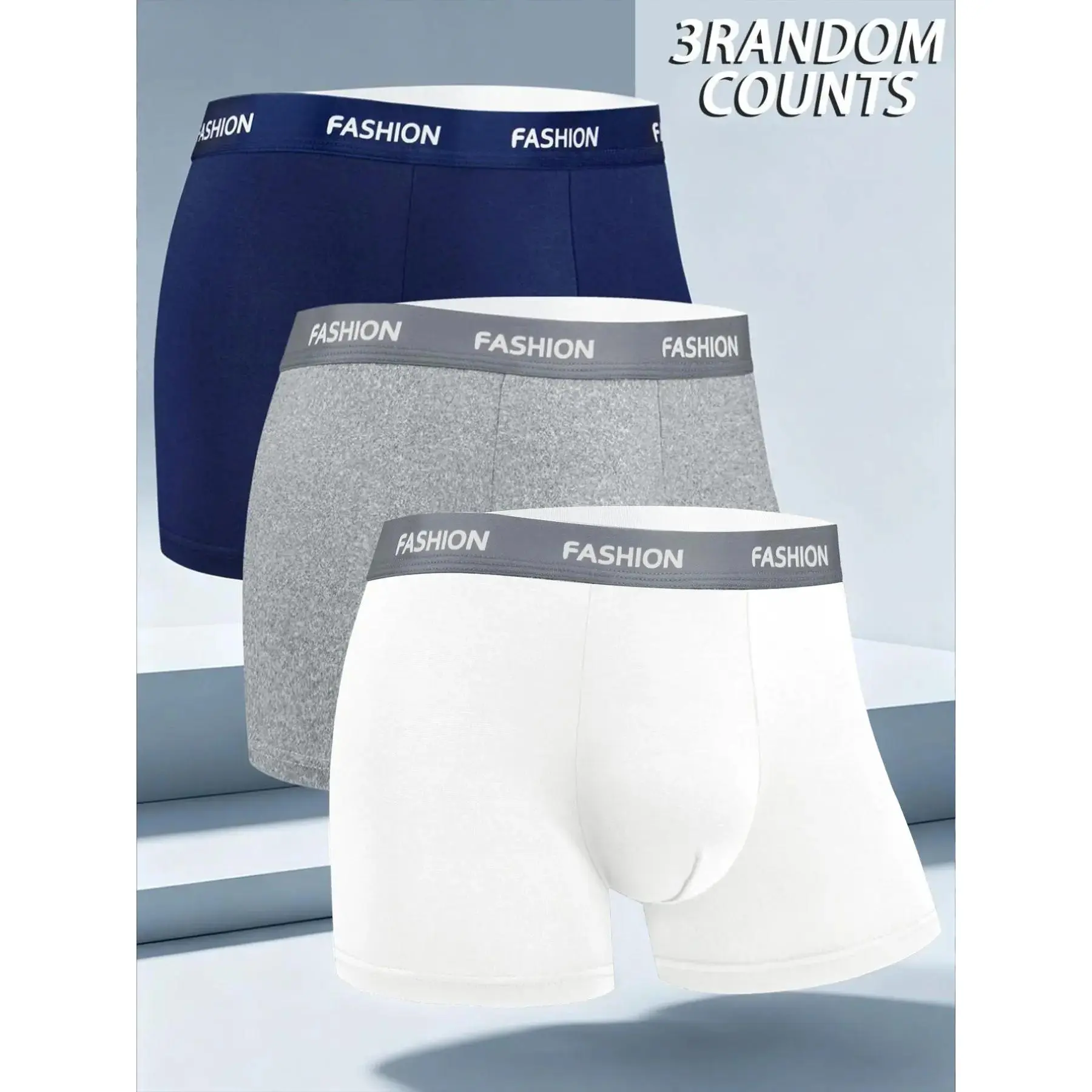 3pcs random men's solid color flat cornered underwear, Leisure and loose underwear, Casual style underwear, Suitable for all seasons, soft, comfortable, Suitable for daily home and exercise