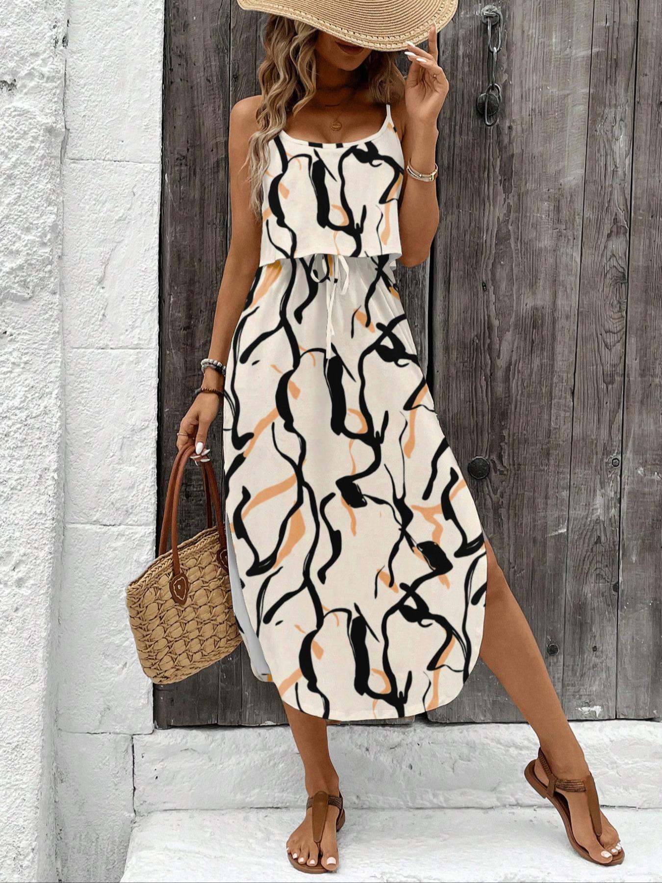 Women's Summer Tie-Dye Sleeveless Dress, Split Thigh Fitted Long Dress, Casual Vacation, Multicolor Floral Print