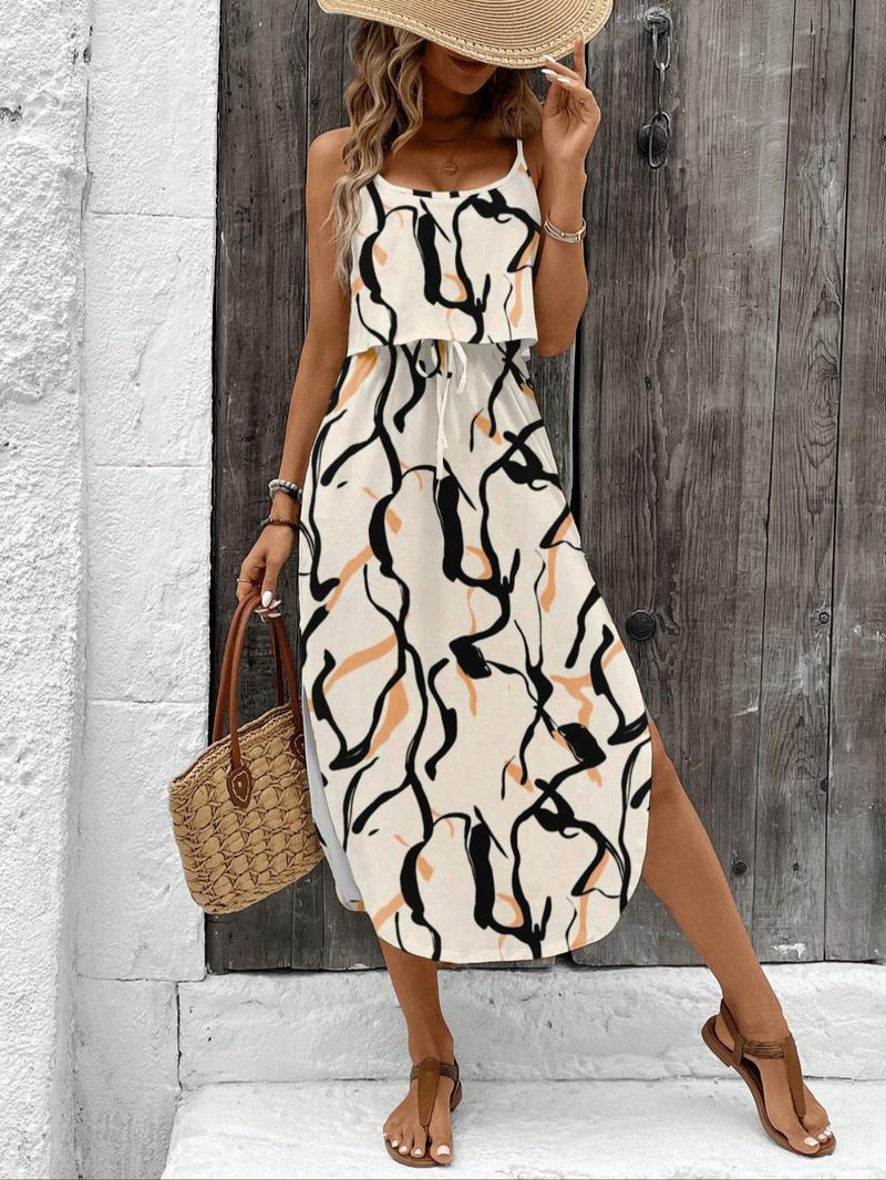 Women's Spring Summer Fall Tie Dye Thin Strap Split Thigh Waist Cinched Dress, Multicolor Floral Print, Casual Vacation