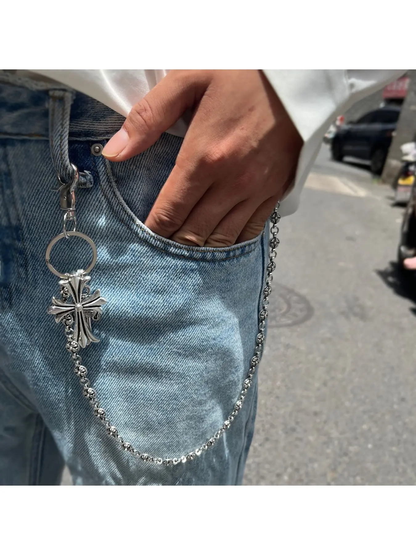 Hip hop High Street Style Waist Buckle Jeans Chain Personalized Retro Cross Flower Ball Pendant Trendy Versatile Bag Chain Waist Chain Accessory Decorative Chain Accessory