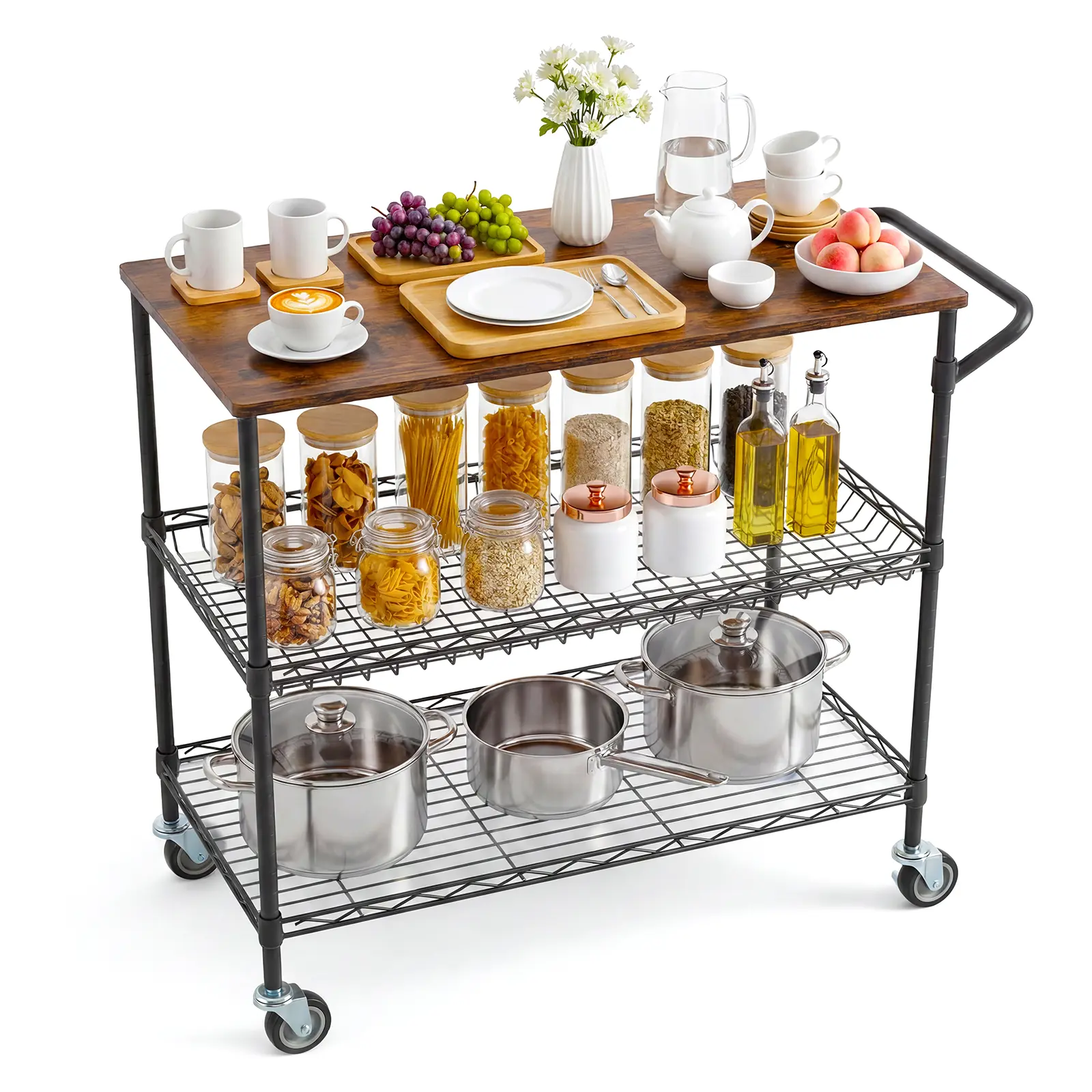 35" Rolling Kitchen Cart with Wood Top, 3 Tier Metal Shelf Serving Cart on Wheels with 10 Hooks and Lockable Casters, Kitchen Utility Cart