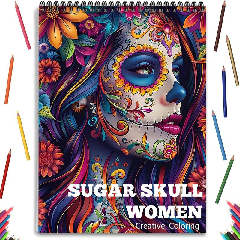 Sugar Skull Women Coloring Book, 24 Pages Spiral Bound Coloring Book, Creative Coloring Book for Adults, Art & Craft Supplies, Coloring Gift Book