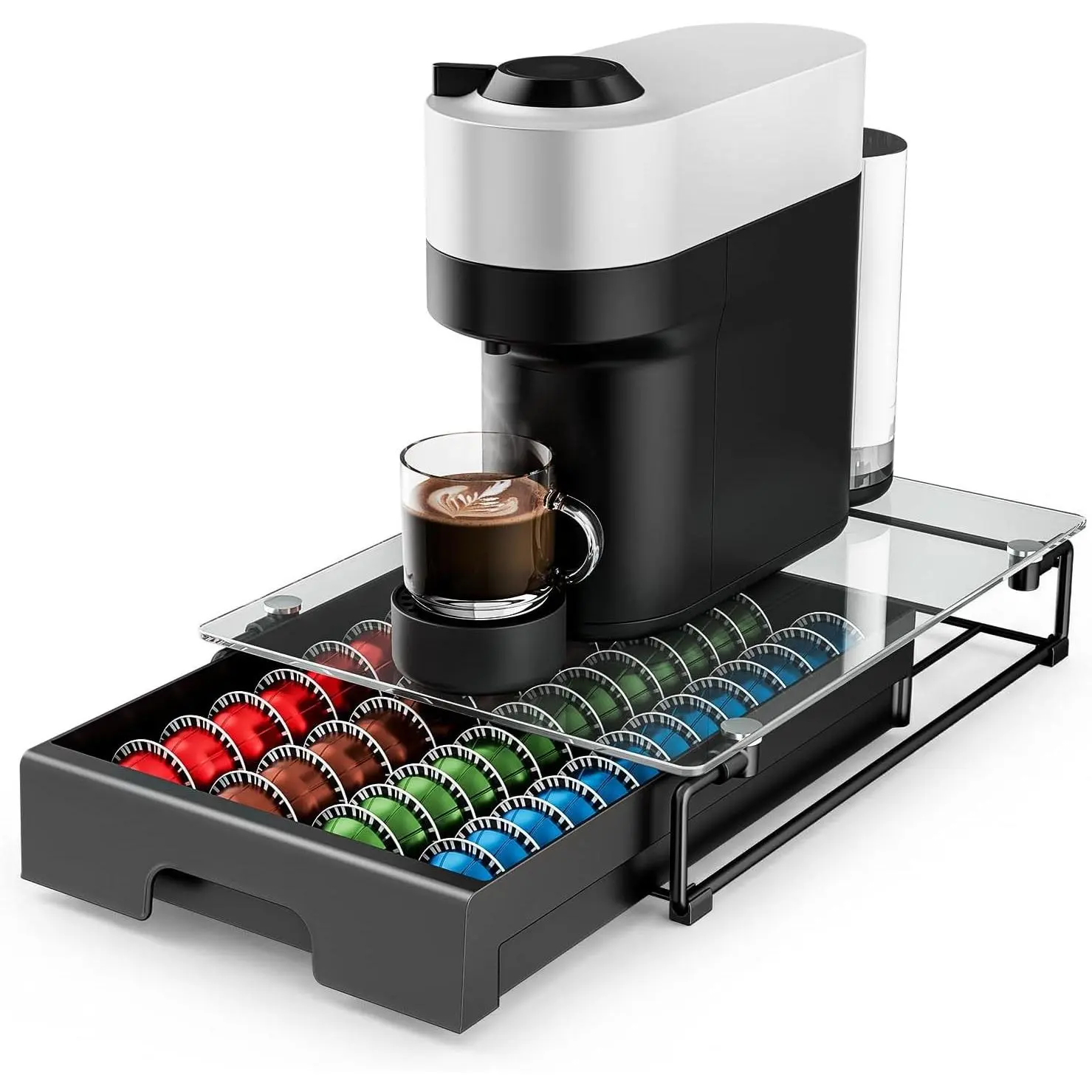 Nespresso Vertuo Pod Holder Drawer, Coffee Pod Organizer with Universal Slots, Holds 40 Large or 52 Small Capsules, Tempered Glass Top Storage Drawer for Coffee Makers, 12" x 16.5" x 3.5"