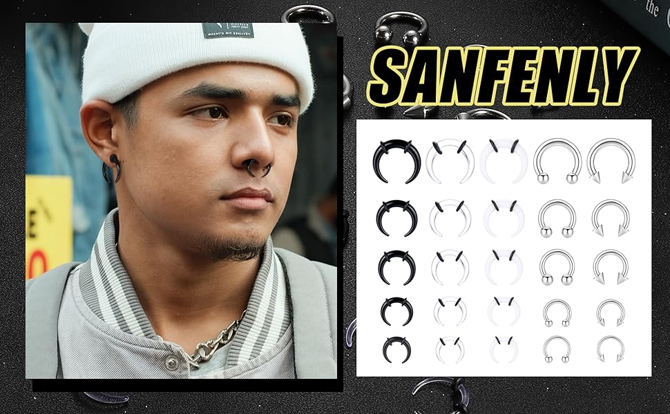 Sanfenly Septum Stretcher Set - Stainless Steel Acrylic Tapers & Pinchers - 14G-6G - Gauge & Ring Kit  Nose Stud Piercing Jewelry L Shaped Screw