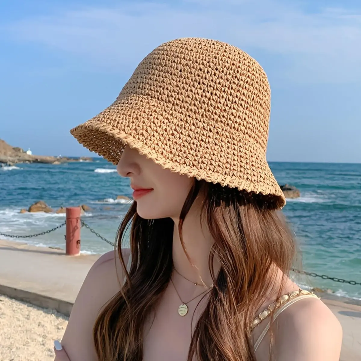 Women’s Handmade Straw Fisherman Cap - Lightweight, Breathable Wide Brim, Foldable Adjustable Sun Hat for Vacation, Travel | Coastal Fashion Accessory for Women, Handmade Straw Hat
