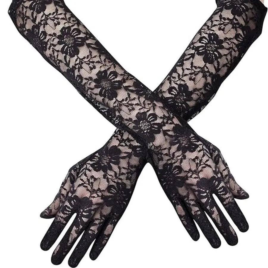 Women's Full Finger Elbow-Length Sheer Floral Print Lace Gloves - Fashion Accessory for Formal Weddings, Available in Black, White, Red, Budget-Friendly Bride Gloves