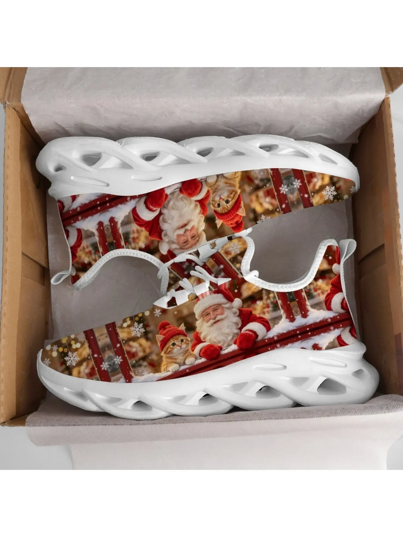 1 Pair Festive style unisex casual running shoes full print santa claus cute cat pattern mesh hollow cushioned outsole breathable non slip wear resistant for christmas travel daily commuting