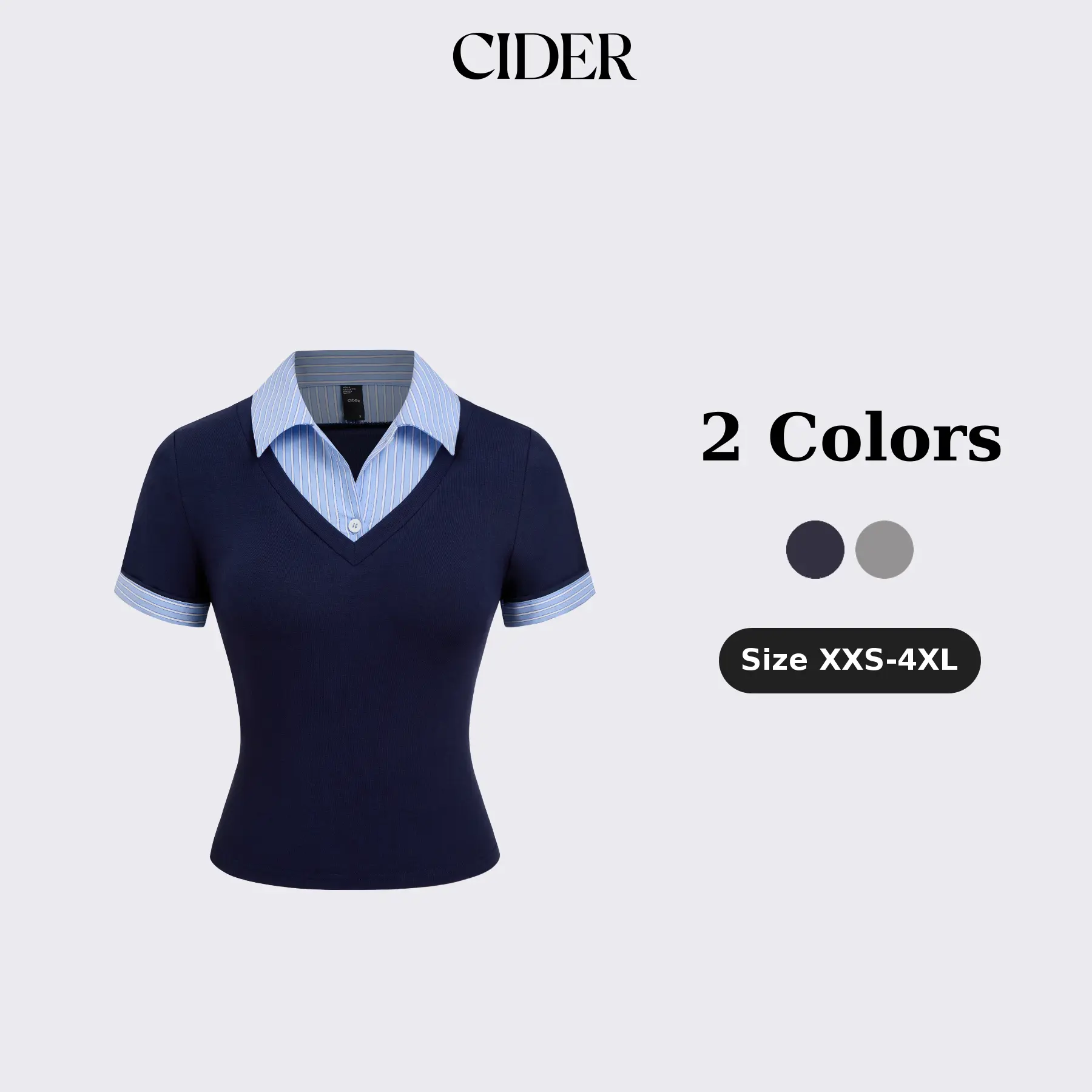Cider Cotton Collar Stripe Two Tone Short Sleeve Top