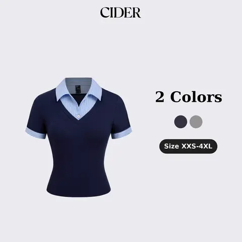 Cider Cotton Collar Stripe Two Tone Short Sleeve Top