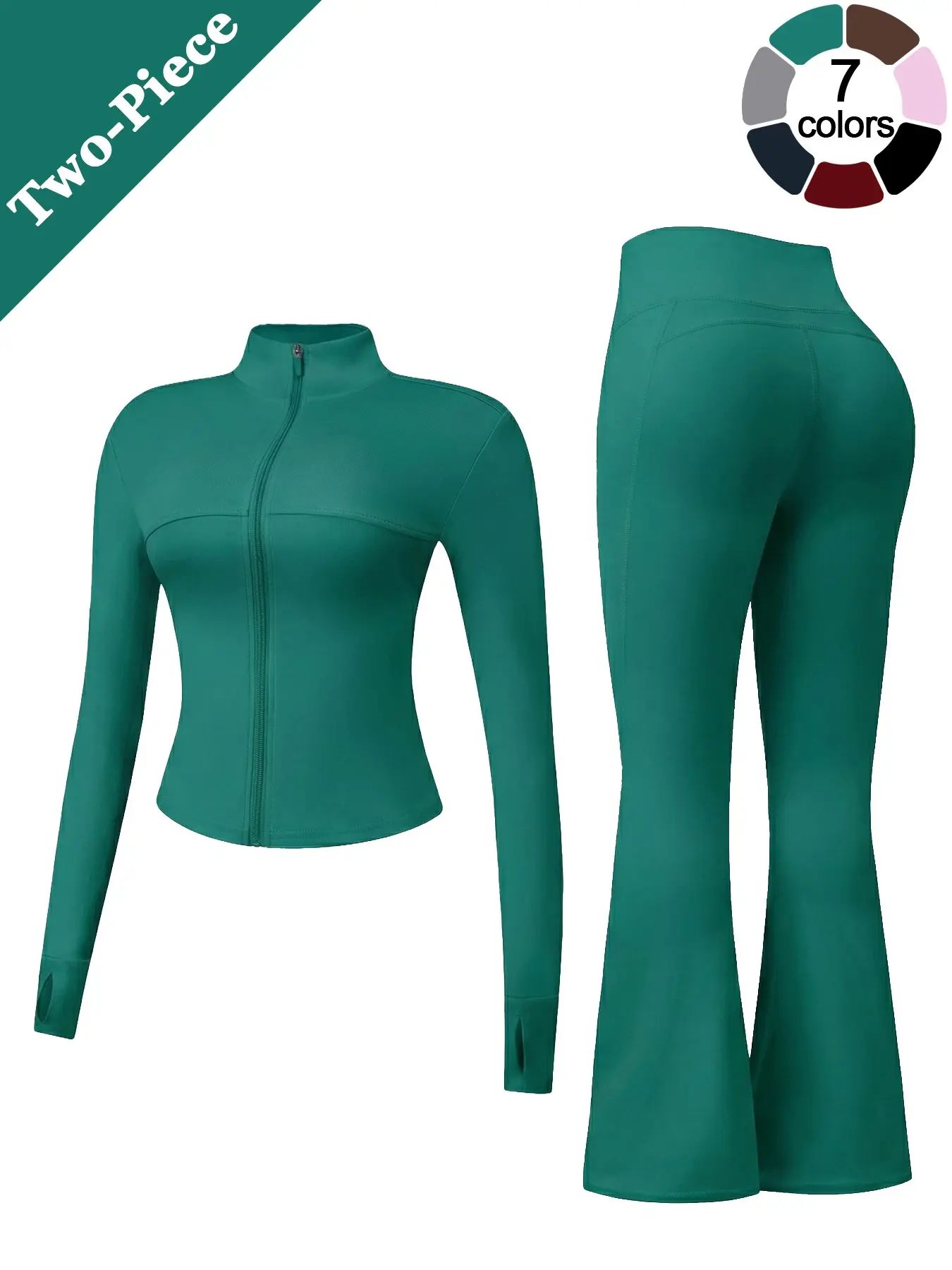 Women’s 2 Piece Yoga Set Stand Collar Zip Up Jacket Long Sleeve with Thumb Holes and High Waist Flare Pants Buttery Soft Breathable Stretch Workout Outfit for Gym Running Casual Wear