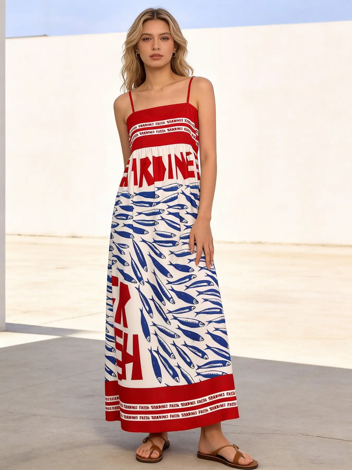 Beachside Casual Colorblock Fish Print Halter Midi Dress, Thin Straps Sleeveless Loose Fit Flowy Lazy Style, Perfect for Traveling