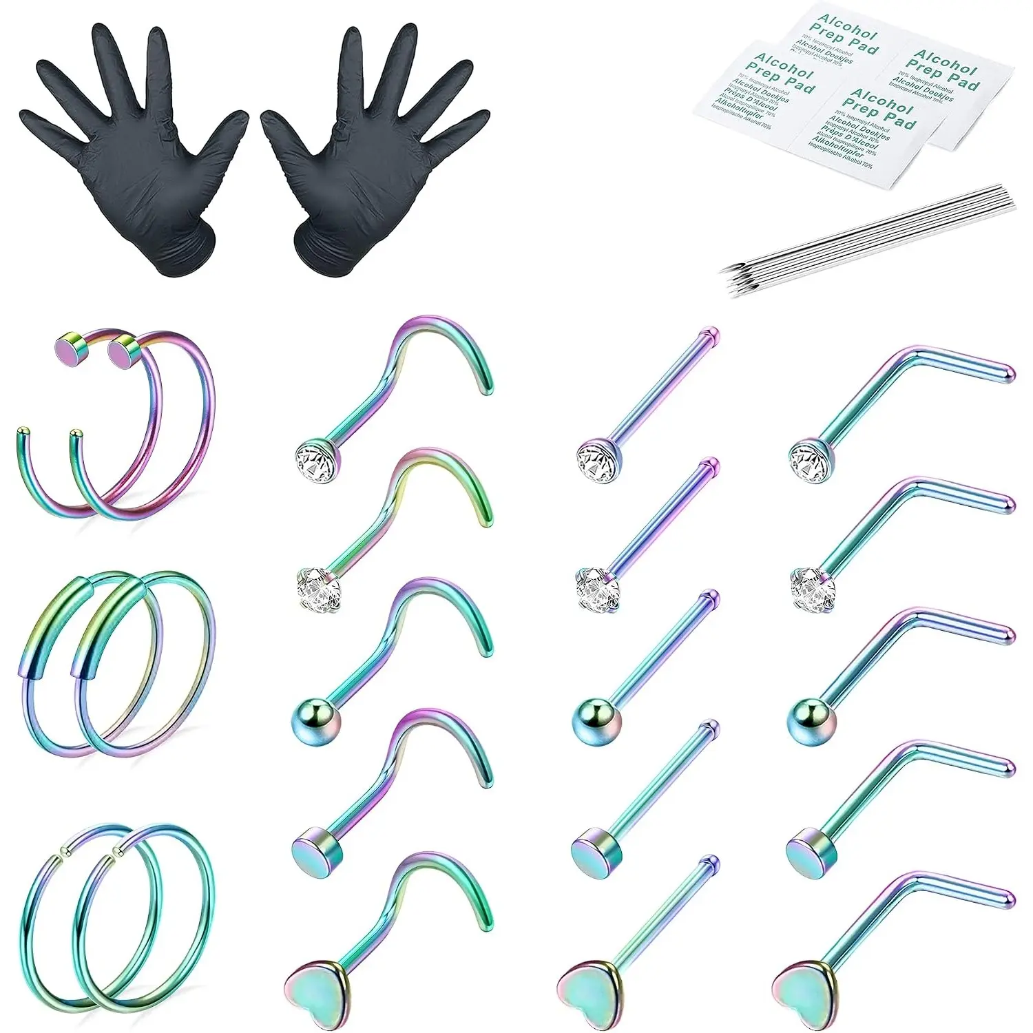 21 Pcs Professional Body Piercing Kit for Women Men, 20G Stainless Steel Nose Hoops Ear Cartilage Tragus Helix Studs Complete DIY Piercing Jewelry Set