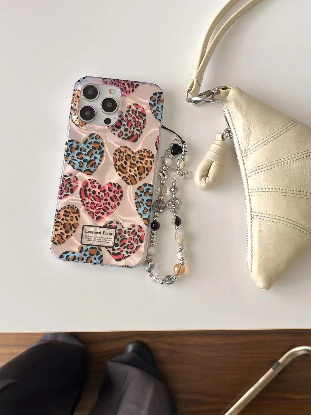 Sweet Cool Leopard Print Love Heart Phone Case with Chain for iPhone 17 Pro Max 16 15 14 13