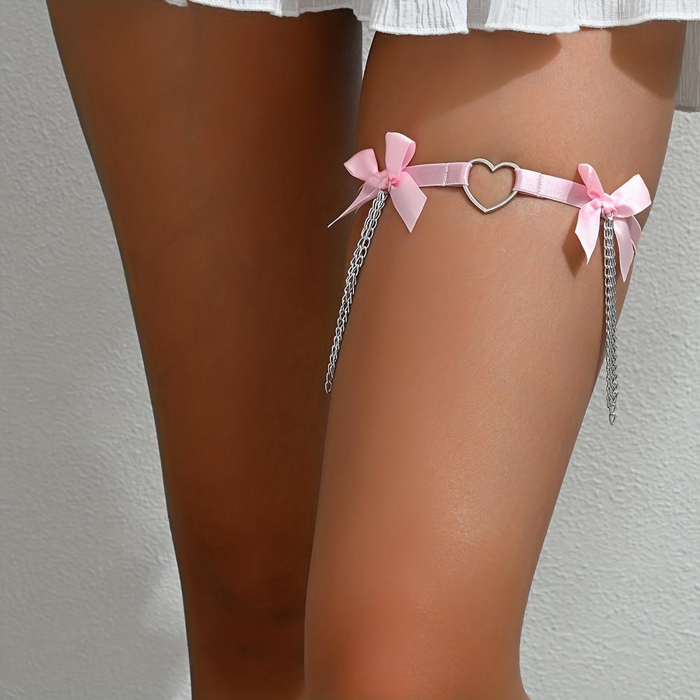 Women's Wedding Garter with White Bow, Tassel, Body Chain, Heart-Shaped Ring, Adjustable Body Harness for Dance Carnival Costume Accessories