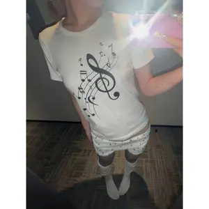 Women's sweet cute Music Note Print Short Sleeve T-Shirt Summer Y2K Slim Fit Cute Casual Graphic Tees Harajuku Grunge Tops New