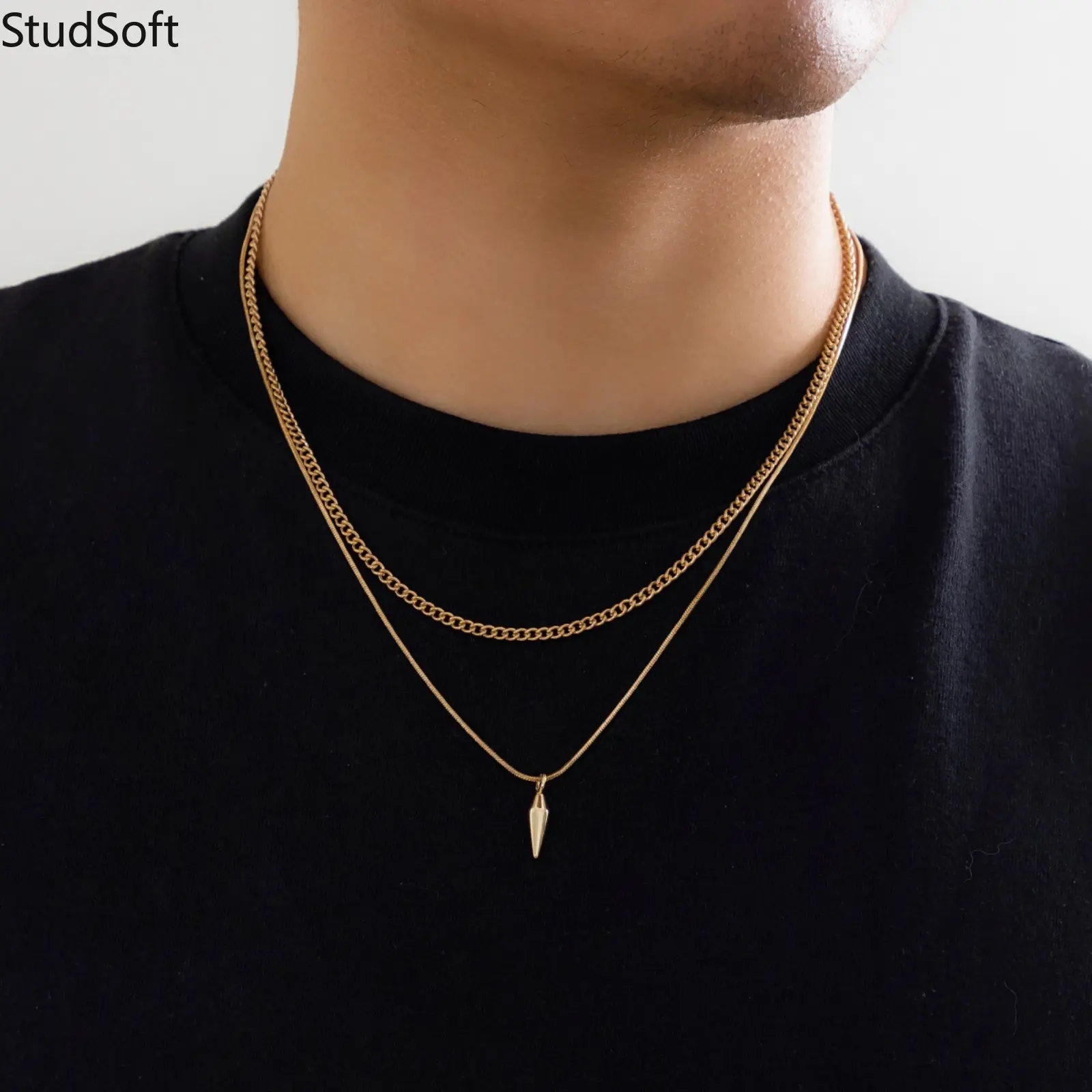 Gold Chain Necklace for Men Women Double Layer Cuban Link Chain Minimalist Spike Cone Pendant Necklace Punk Layered Jewelry Gifts for Him Boyfriend