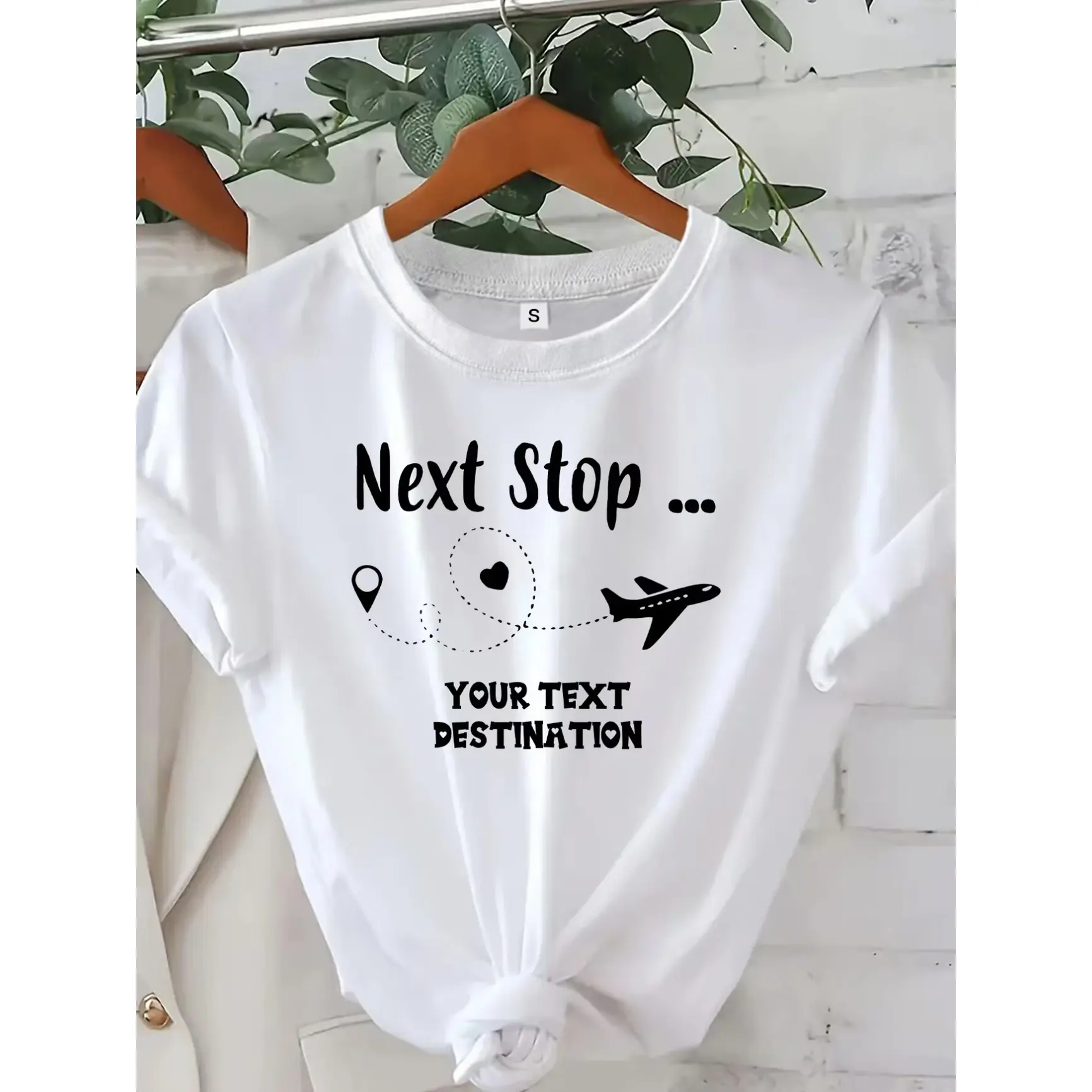 Next Stop Airplane Flight Route Location Heart Travel Graphic Cotton Short Sleeve T Shirt, Cute Fashion Comfort Oversized Outfit, Perfect Valentine's Day Gift For Lover Family Friends