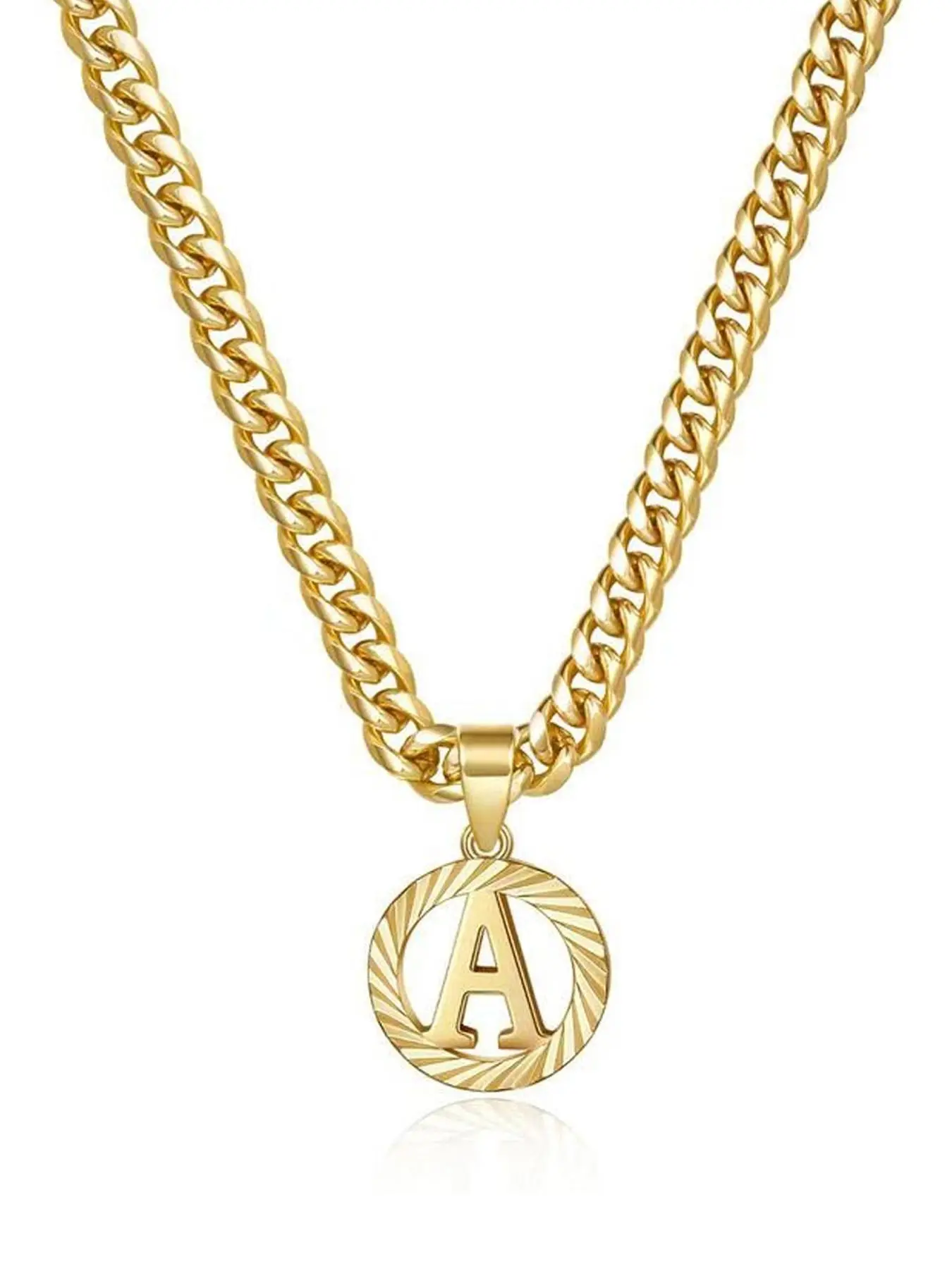 Trendy Round Letter a Initial Necklace, Cuban Curb Chain, Circular Alphabet Pendant, Hip-Hop Statement Charm, Fashion Jewelry for All Seasons