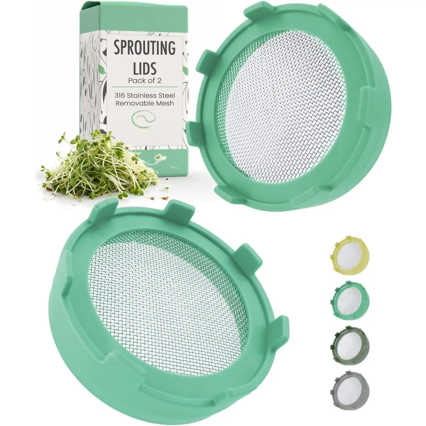 Sprouting  for Wide Mouth Mason Jars (Set of 2), Sprouting Jar Kit for  Sprouts, Alfalfa & Mung Bean Sprouts Grow Kit, 316 Stainless Steel Mesh Screen Strainer Lid (Mint)