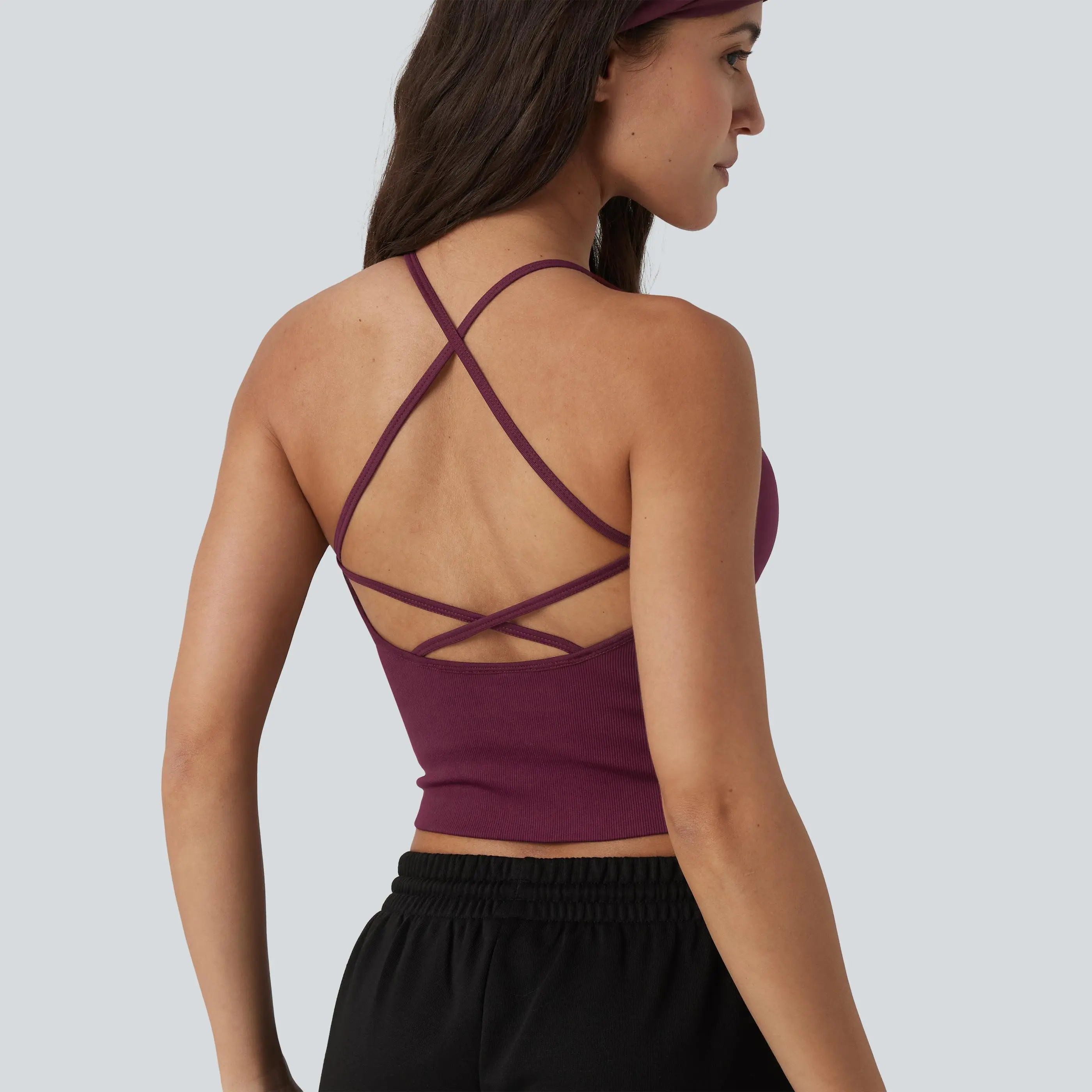 Halara OneForm Seamless Flow Crisscross Backless Deep V-neck Cropped Built-in Bra Yoga Tank Top