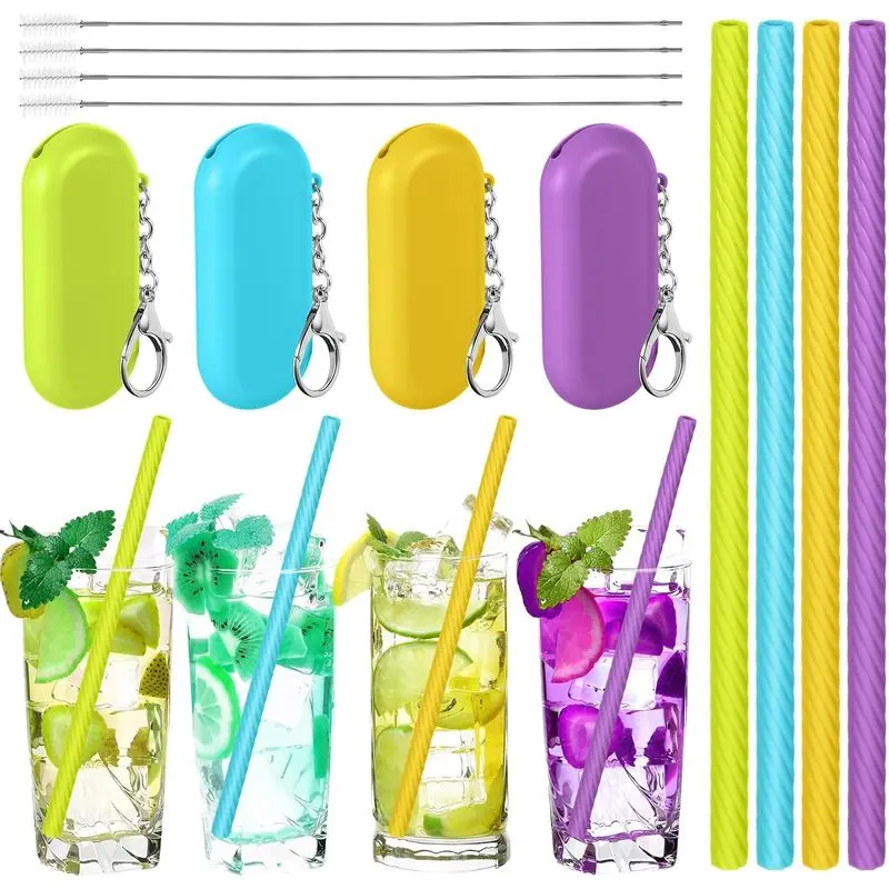 4‑Set Foldable Reusable Silicone Straws with Travel Case & Cleaning Brush, Multicolor Portable Drinking Straws for Hot & Cold Drinks, Ideal for Cruise, Party & Outdoor Use