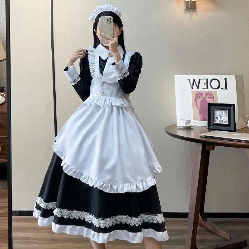 Classic Long Sleeve Maid Dress Sweet Lolita Cosplay Outfit With Apron Headband Neck Collar Black White Costume S-5XL
